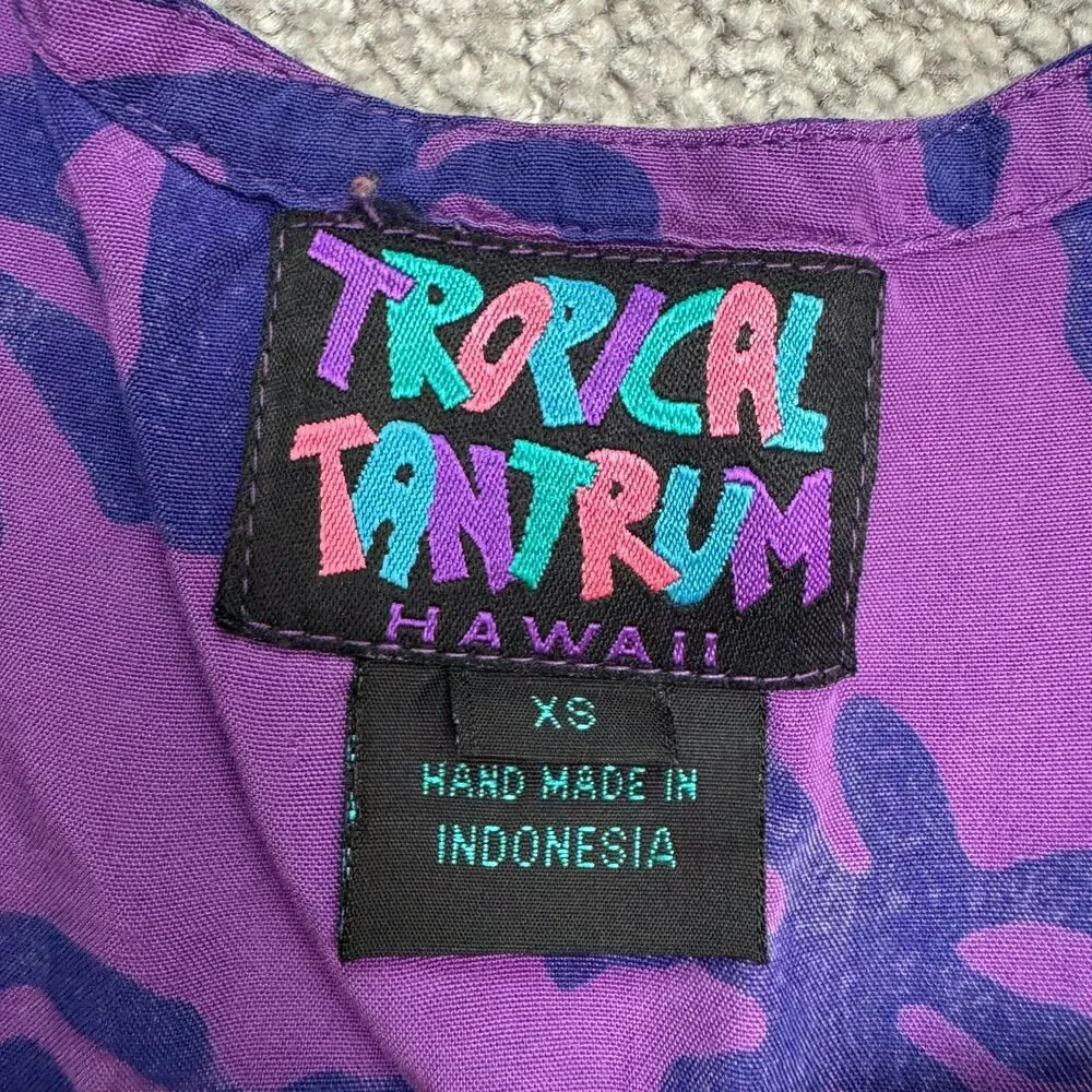 Vintage 90s Tropical Tantrum Hawaii Mini Dress Womens XS Purple Palm Trees Boho